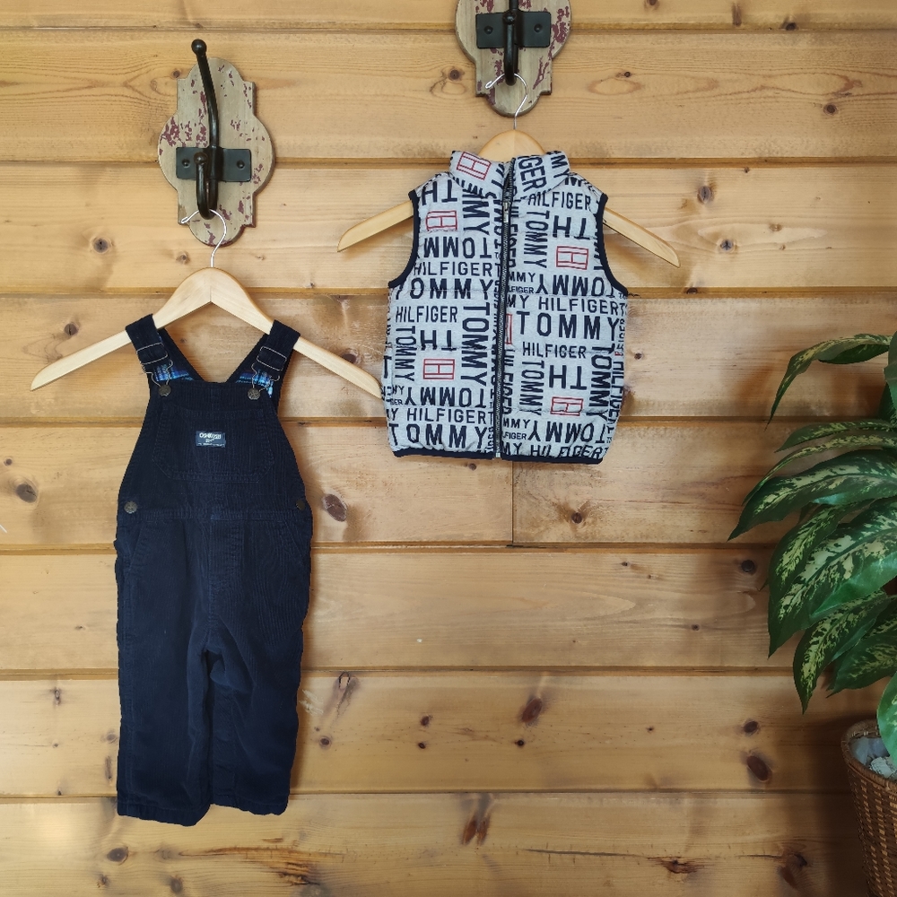 Oshkosh Tommy Hilfiger 💙 Baby Boy Lot Corduroy Overalls Logo Puffer Vest 12-18
